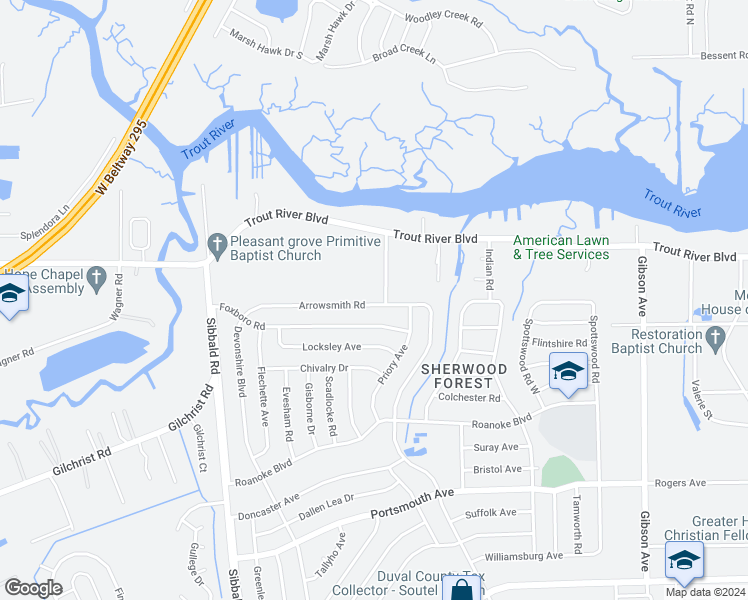 map of restaurants, bars, coffee shops, grocery stores, and more near 4915 Arrowsmith Road in Jacksonville