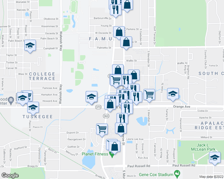map of restaurants, bars, coffee shops, grocery stores, and more near 2529 South Adams Street in Tallahassee