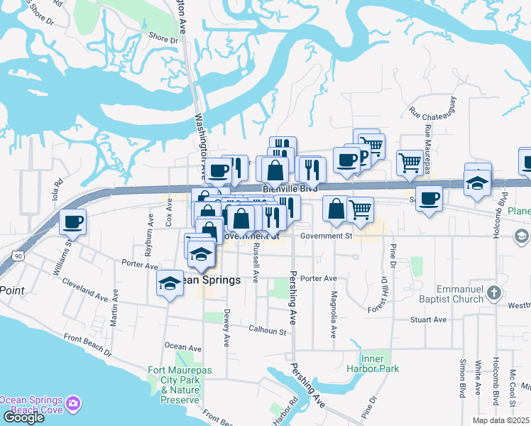 map of restaurants, bars, coffee shops, grocery stores, and more near 916 State Street in Ocean Springs