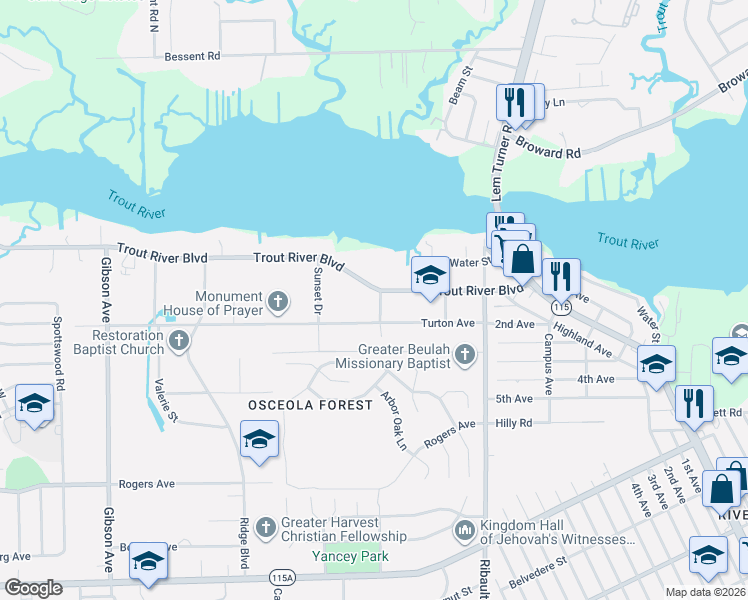 map of restaurants, bars, coffee shops, grocery stores, and more near 3319 Trout River Boulevard in Jacksonville