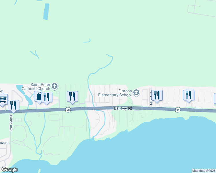 map of restaurants, bars, coffee shops, grocery stores, and more near 1021 Pinetree Road in Mary Esther