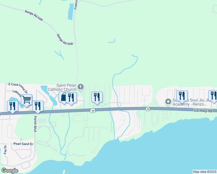 map of restaurants, bars, coffee shops, grocery stores, and more near 521 Friendship Road in Mary Esther