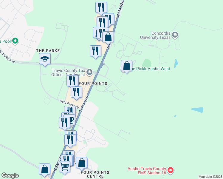 map of restaurants, bars, coffee shops, grocery stores, and more near 8021 North FM 620 in Austin
