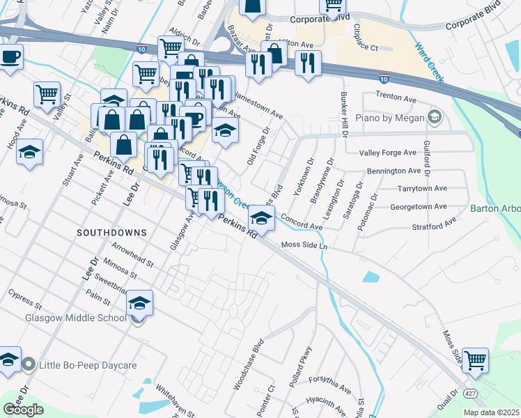 map of restaurants, bars, coffee shops, grocery stores, and more near 3030 Congress Boulevard in Baton Rouge