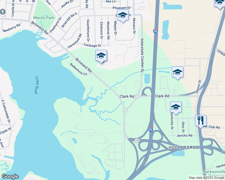map of restaurants, bars, coffee shops, grocery stores, and more near 1275 Broward Road in Jacksonville