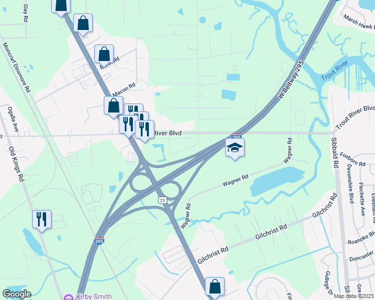 map of restaurants, bars, coffee shops, grocery stores, and more near 6200-6396 Trout River Boulevard in Jacksonville