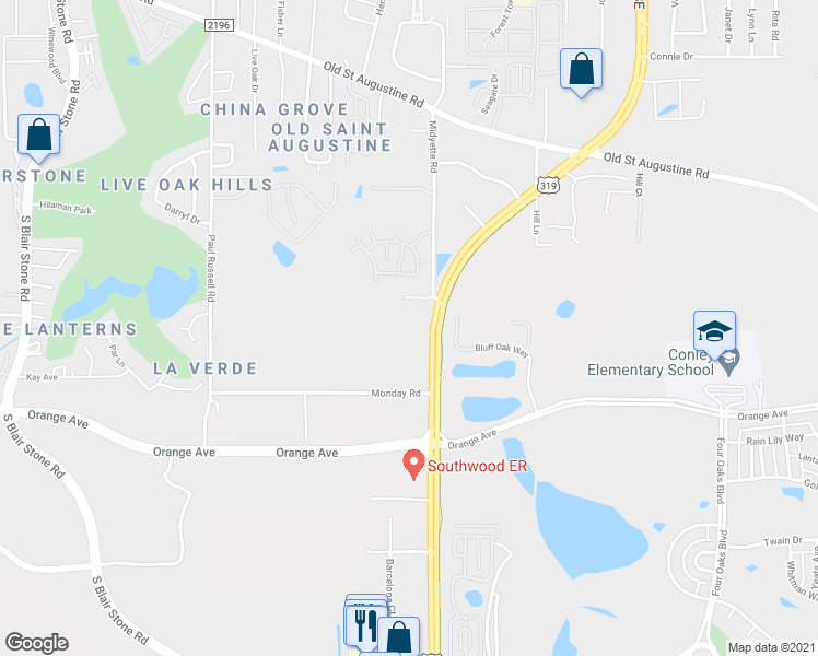 map of restaurants, bars, coffee shops, grocery stores, and more near 2100 Capital Circle Southeast in Tallahassee