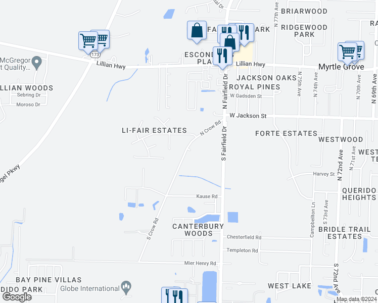 map of restaurants, bars, coffee shops, grocery stores, and more near 317 North Crow Road in Pensacola