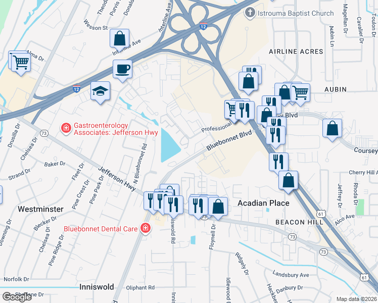 map of restaurants, bars, coffee shops, grocery stores, and more near 9854 Professional Boulevard in Baton Rouge