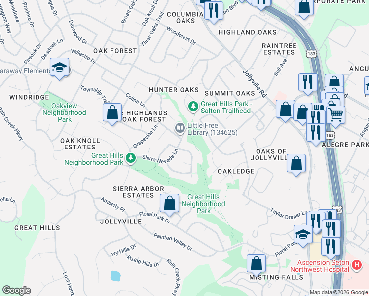 map of restaurants, bars, coffee shops, grocery stores, and more near 11109 Sierra Nevada Lane in Austin