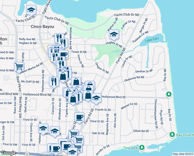 map of restaurants, bars, coffee shops, grocery stores, and more near 213 Staff Drive Northeast in Fort Walton Beach
