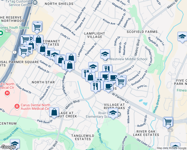 map of restaurants, bars, coffee shops, grocery stores, and more near 1806 West Parmer Lane in Austin