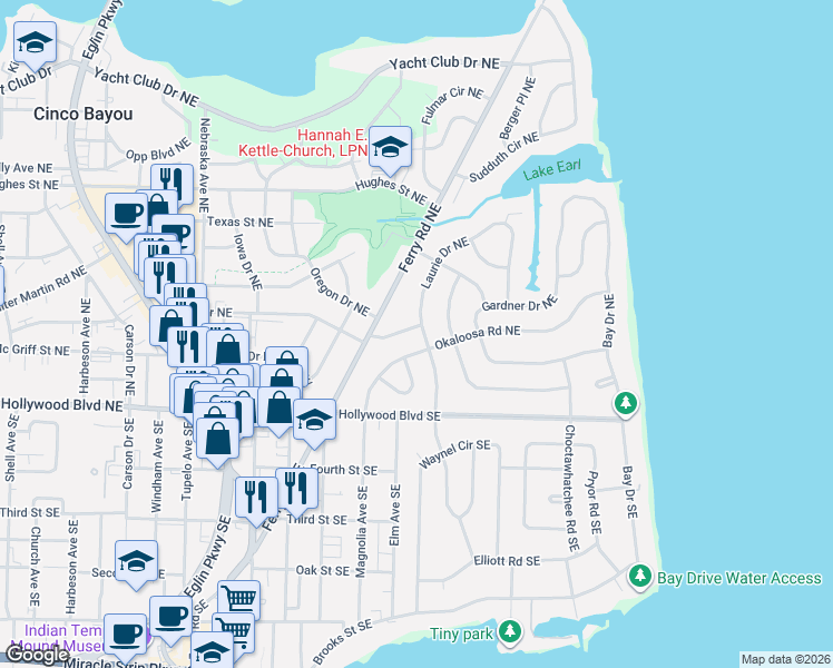 map of restaurants, bars, coffee shops, grocery stores, and more near 26 Laurie Drive Northeast in Fort Walton Beach