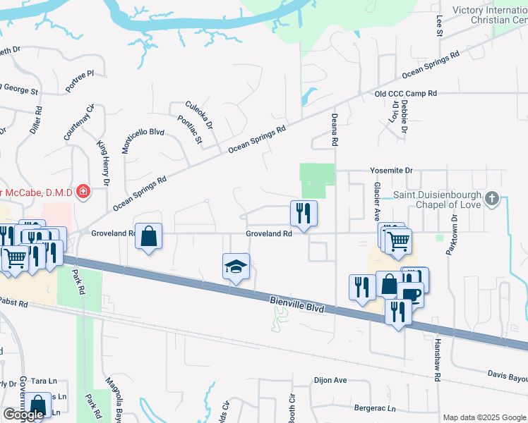 map of restaurants, bars, coffee shops, grocery stores, and more near 3808 Timber Lake Drive in Ocean Springs