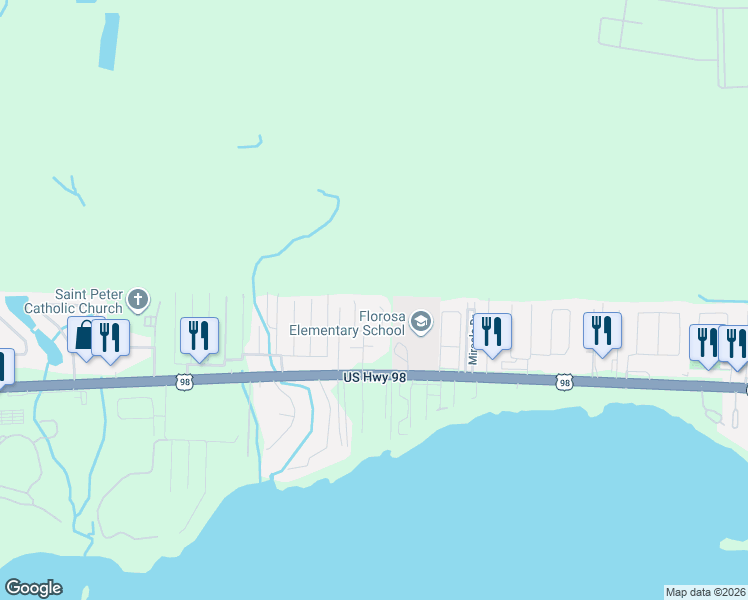 map of restaurants, bars, coffee shops, grocery stores, and more near 451 Forest Glen Place in Mary Esther