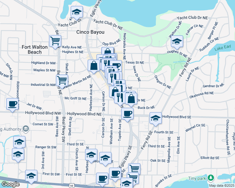 map of restaurants, bars, coffee shops, grocery stores, and more near 45 Eglin Parkway Northeast in Fort Walton Beach