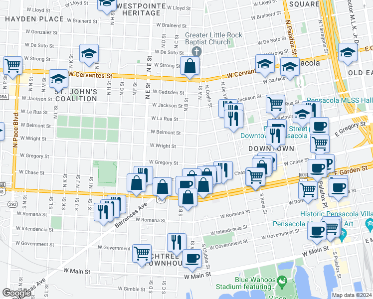 map of restaurants, bars, coffee shops, grocery stores, and more near 717 West Wright Street in Pensacola