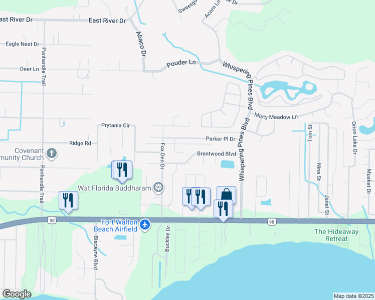map of restaurants, bars, coffee shops, grocery stores, and more near 2210 Parker Place Court in Navarre