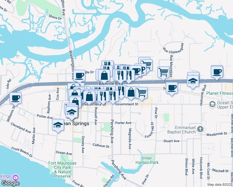map of restaurants, bars, coffee shops, grocery stores, and more near 819 Pershing Avenue in Ocean Springs