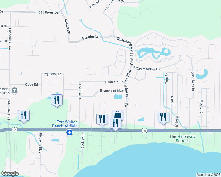 map of restaurants, bars, coffee shops, grocery stores, and more near 9576 Brentwood Boulevard in Navarre