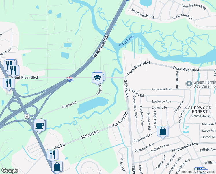 map of restaurants, bars, coffee shops, grocery stores, and more near 5804 Trout River Boulevard in Jacksonville