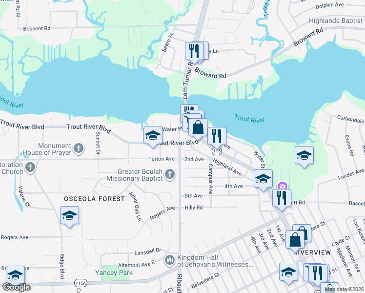 map of restaurants, bars, coffee shops, grocery stores, and more near 3021 Trout River Boulevard in Jacksonville