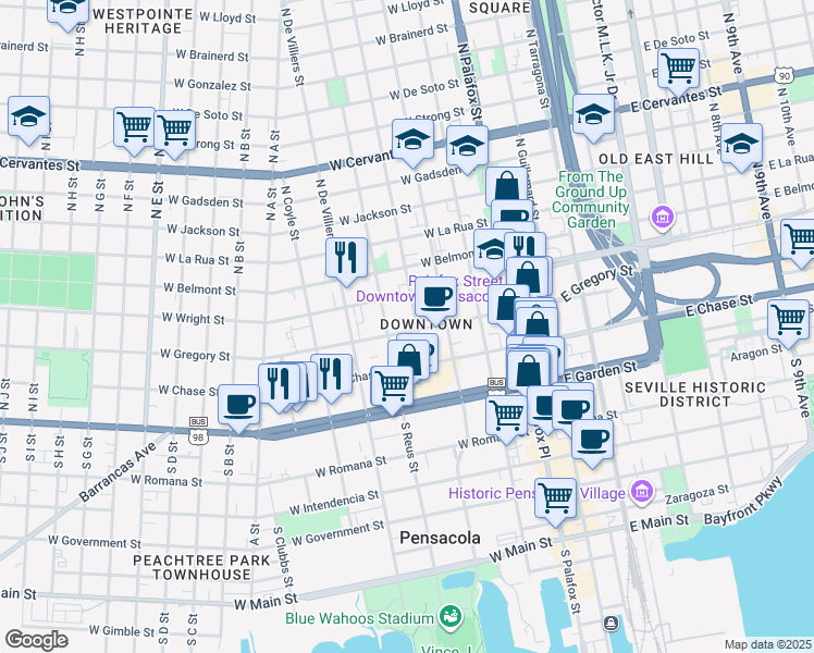 map of restaurants, bars, coffee shops, grocery stores, and more near 306 West Gregory Street in Pensacola