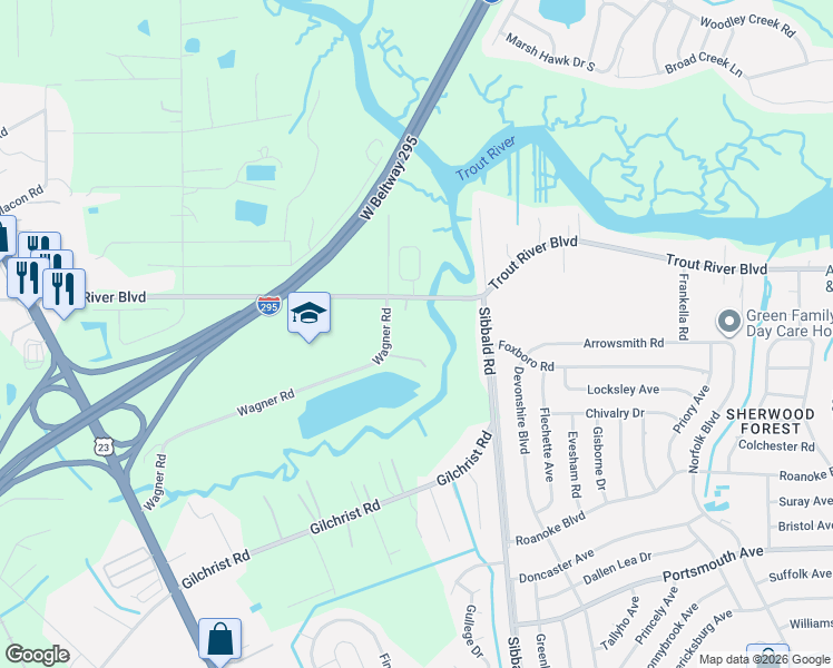 map of restaurants, bars, coffee shops, grocery stores, and more near 5804 Trout River Boulevard in Jacksonville