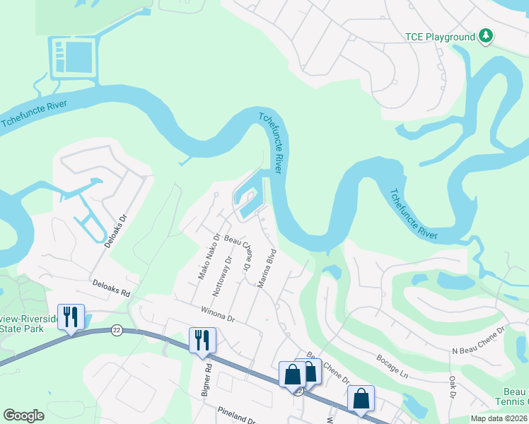 map of restaurants, bars, coffee shops, grocery stores, and more near 400 Tchefuncte Oaks Drive in Mandeville