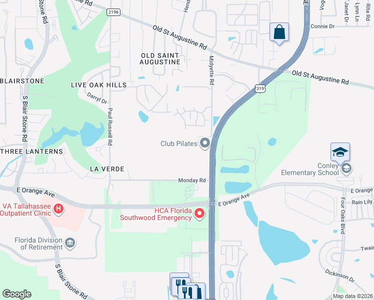 map of restaurants, bars, coffee shops, grocery stores, and more near 2132 Midyette Road in Tallahassee