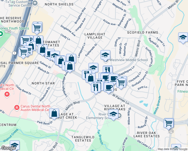 map of restaurants, bars, coffee shops, grocery stores, and more near 1806 West Parmer Lane in Austin