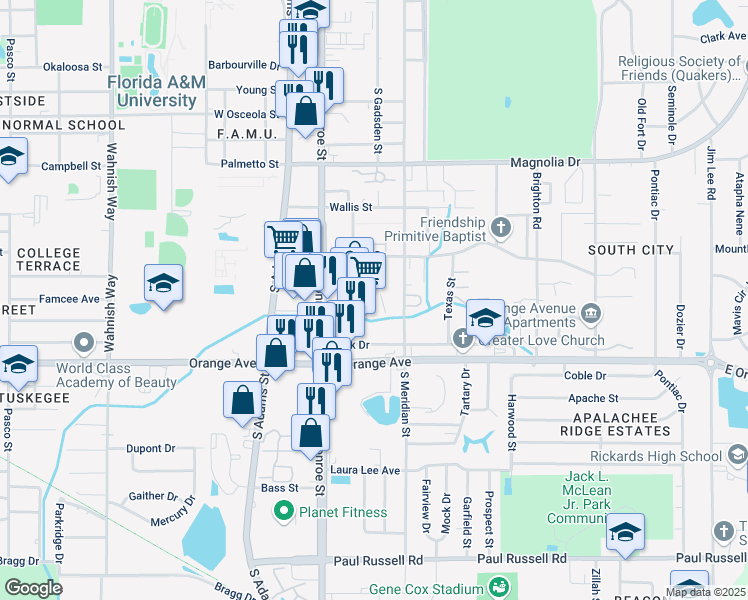 map of restaurants, bars, coffee shops, grocery stores, and more near 2525 South Monroe Street in Tallahassee