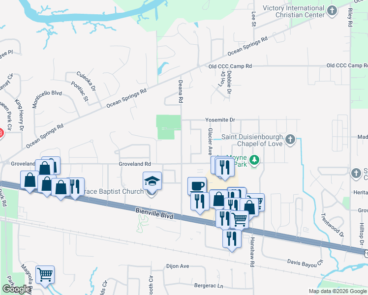 map of restaurants, bars, coffee shops, grocery stores, and more near 1315-1321 Deana Drive in Ocean Springs