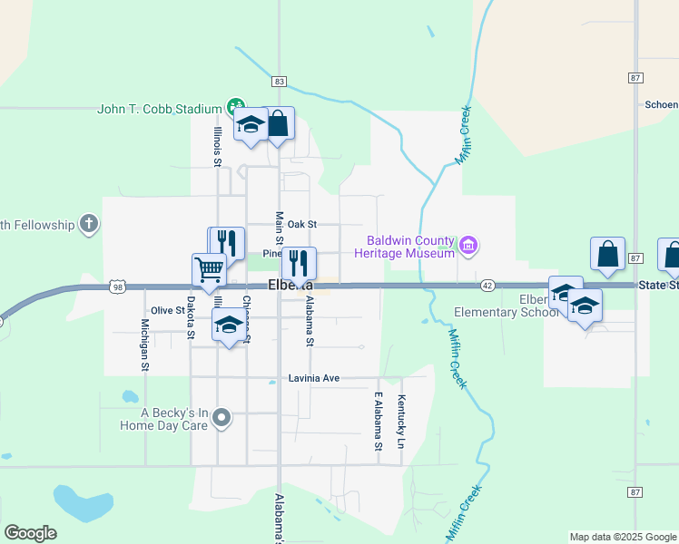 map of restaurants, bars, coffee shops, grocery stores, and more near 13320 North Wisconsin Street in Elberta