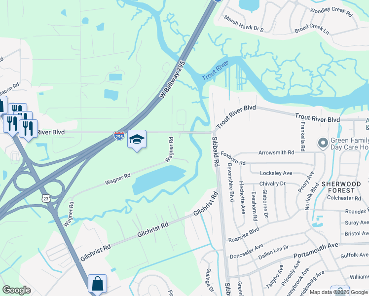 map of restaurants, bars, coffee shops, grocery stores, and more near 5804 Trout River Boulevard in Jacksonville