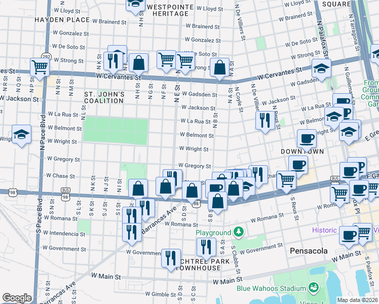 map of restaurants, bars, coffee shops, grocery stores, and more near 307 North D Street in Pensacola