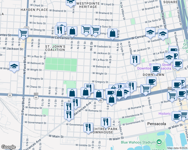 map of restaurants, bars, coffee shops, grocery stores, and more near 307 North D Street in Pensacola