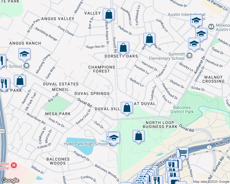 map of restaurants, bars, coffee shops, grocery stores, and more near 12201 Dorsett Road in Austin