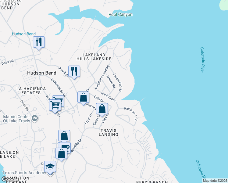 map of restaurants, bars, coffee shops, grocery stores, and more near 5601 Arroyo Road in Austin