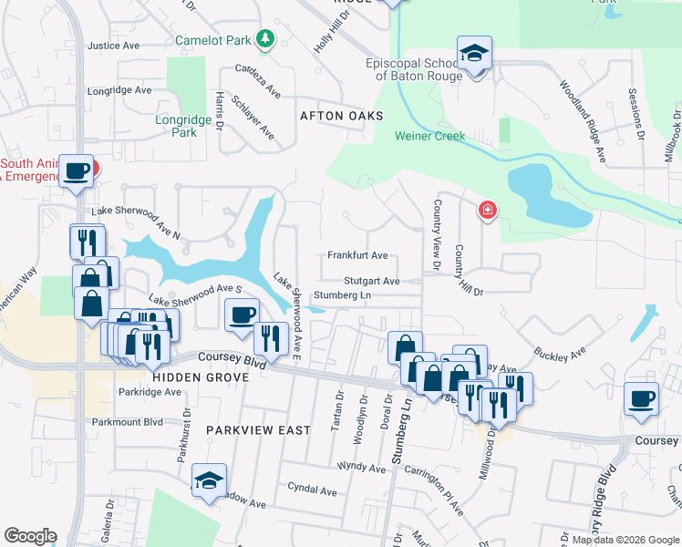 map of restaurants, bars, coffee shops, grocery stores, and more near 12558 Frankfurt Avenue in Baton Rouge