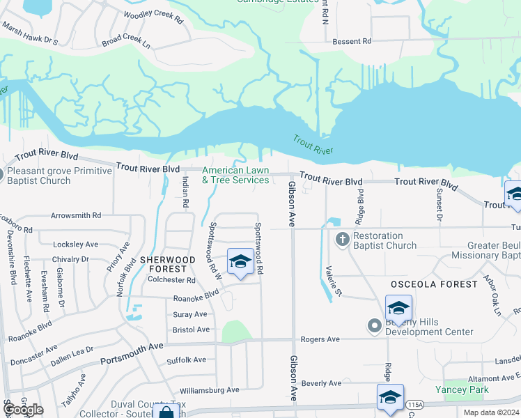 map of restaurants, bars, coffee shops, grocery stores, and more near 4321 Spottswood Road North in Jacksonville