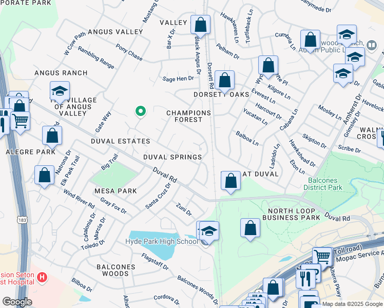 map of restaurants, bars, coffee shops, grocery stores, and more near 4501 Whispering Valley Drive in Austin