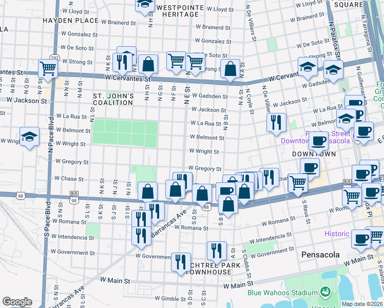 map of restaurants, bars, coffee shops, grocery stores, and more near 307 North D Street in Pensacola