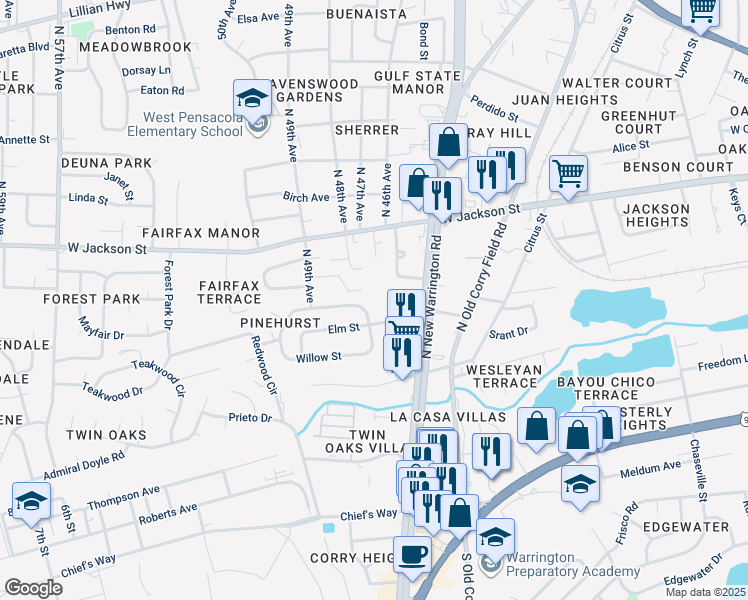 map of restaurants, bars, coffee shops, grocery stores, and more near 306 Chestnut Street in Pensacola