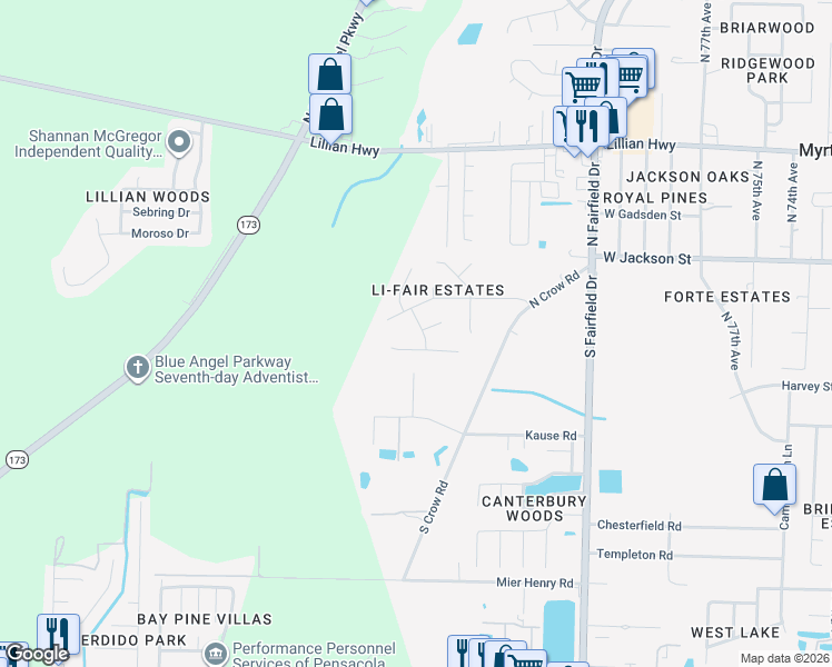 map of restaurants, bars, coffee shops, grocery stores, and more near 444 Belle Chasse Drive in Pensacola