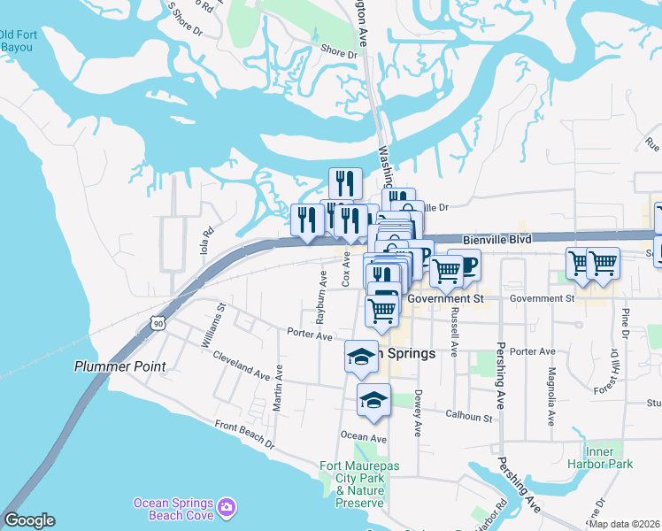 map of restaurants, bars, coffee shops, grocery stores, and more near 801-899 Cox Avenue in Ocean Springs
