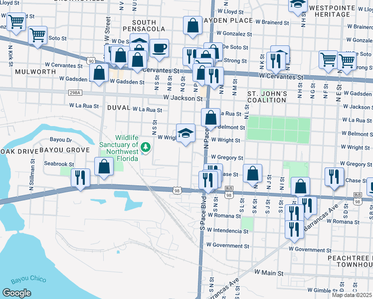 map of restaurants, bars, coffee shops, grocery stores, and more near 100 North P Street in Pensacola
