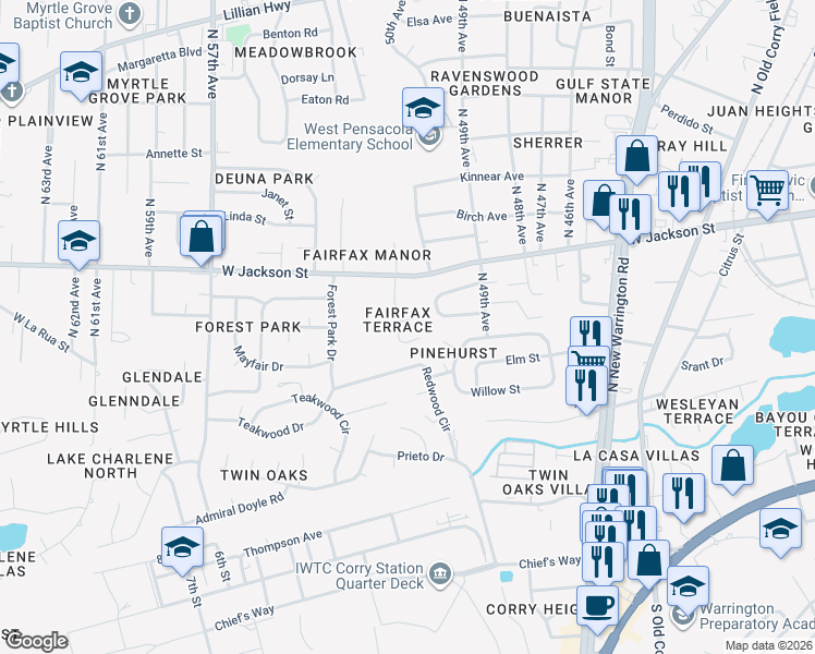 map of restaurants, bars, coffee shops, grocery stores, and more near 516 South Edgewood Circle in Pensacola