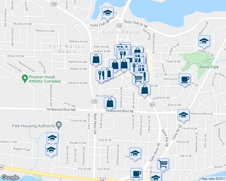 map of restaurants, bars, coffee shops, grocery stores, and more near 27A Bobolink Street Northeast in Fort Walton Beach