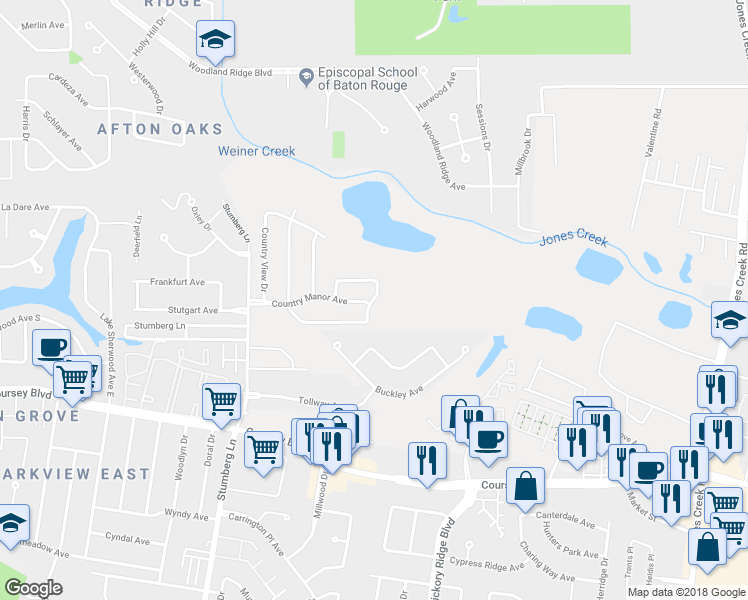 map of restaurants, bars, coffee shops, grocery stores, and more near 4201 Country Harvest Drive in Baton Rouge